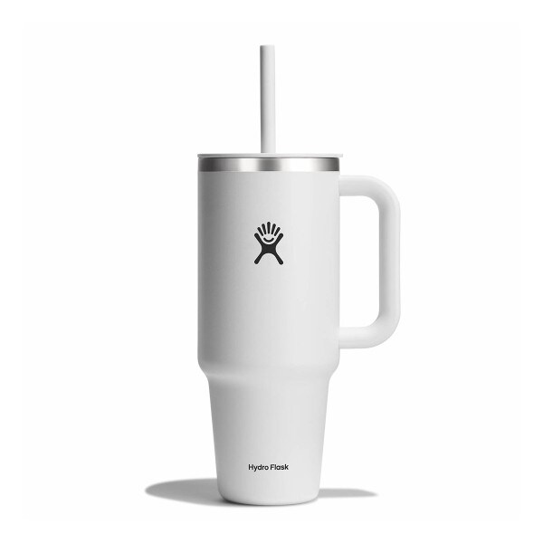 Hydro Flask 40oz white travel mug with straw
